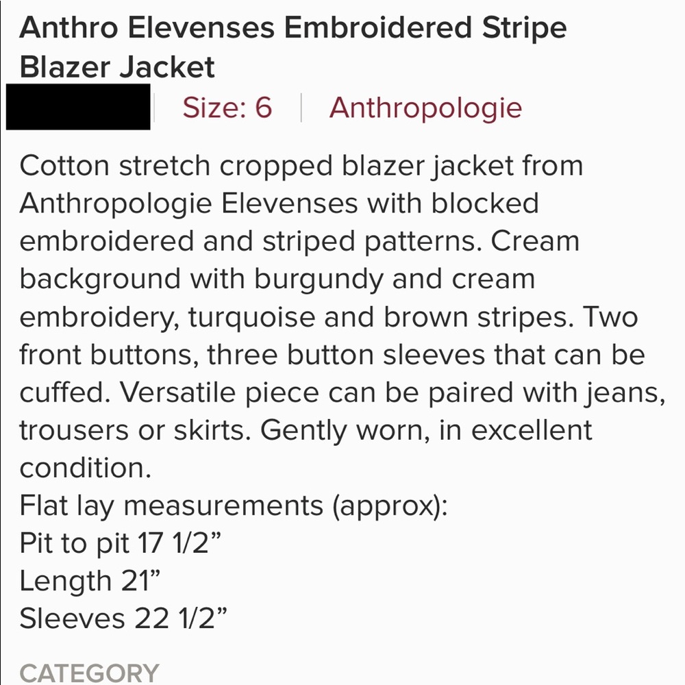 Anthro Elevenses Embroidered Stripe Blazer Jacket